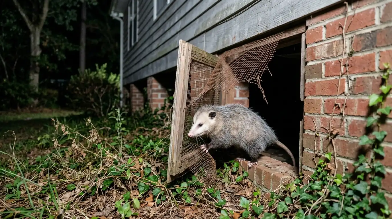 An opossum at a broken crawlspace access door